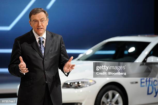 Norbert Reithofer, chief executive officer of Bayerische Motoren Werke , speaks on the first press day of the Geneva International Motor Show in...