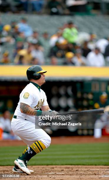 Bruce Maxwell of the Oakland Athletics bats during the game against the Seattle Mariners at the Oakland Alameda Coliseum on May 24, 2018 in Oakland,...