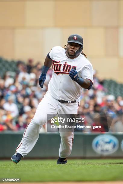 Miguel Sano of the Minnesota Twins runs against the Cleveland Indians on June 3, 2018 at Target Field in Minneapolis, Minnesota. The Indians defeated...