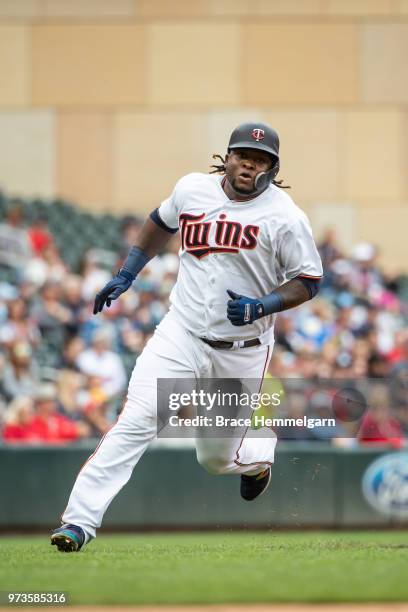 Miguel Sano of the Minnesota Twins runs against the Cleveland Indians on June 3, 2018 at Target Field in Minneapolis, Minnesota. The Indians defeated...