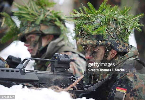 Bianca Schmidt attends a basic military service drill at the Clausewitz barrack on February 9, 2010 in Nienburg, Germany. German women's national...