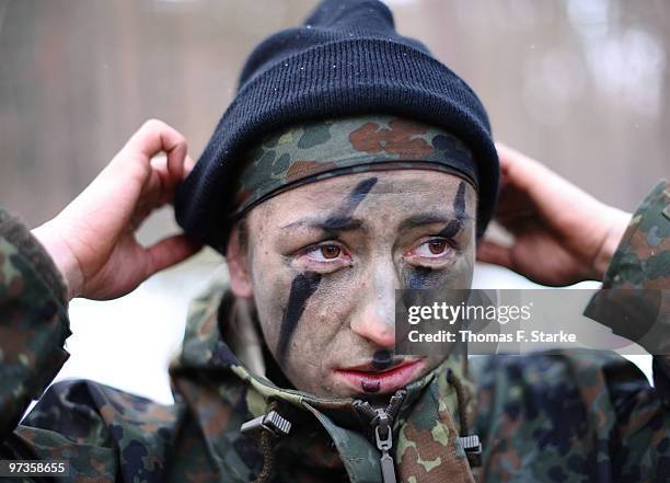 Bianca Schmidt attends a basic military service drill at the Clausewitz barrack on February 9, 2010 in Nienburg, Germany. German women's national...