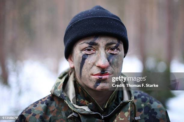 Bianca Schmidt attends a basic military service drill at the Clausewitz barrack on February 9, 2010 in Nienburg, Germany. German women's national...