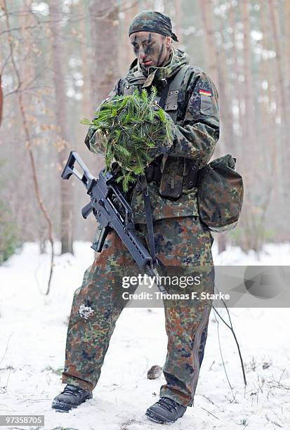 Bianca Schmidt attends a basic military service drill at the Clausewitz barrack on February 9, 2010 in Nienburg, Germany. German women's national...