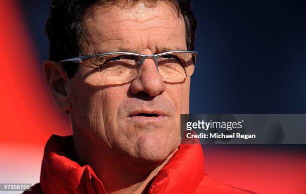 Fabio Capello looks on during an England training session at London Colney on March 2, 2010 in St Albans, England.