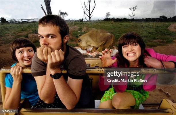 Alana Skyring, John Patterson and Patience Hodgson of The Grates pose for a group portrait at Werribee Open Plain Zoo on 30th January 2006 in...