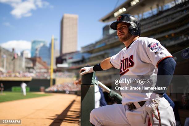 Robbie Grossman of the Minnesota Twins looks on against the Cleveland Indians on June 3, 2018 at Target Field in Minneapolis, Minnesota. The Indians...