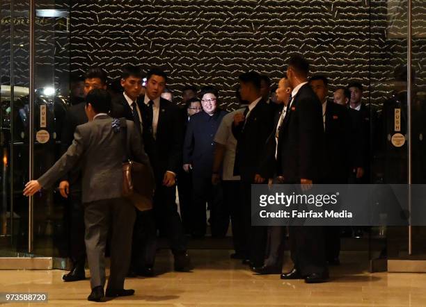 North Korean leader Kim Jong-un arrives at the Marina Bay Sands in Singapore on the eve of the historic US and North Korea summit scheduled for 9am...