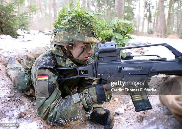 Bianca Schmidt attends a basic military service drill at the Clausewitz barrack on February 9, 2010 in Nienburg, Germany. German women's national...