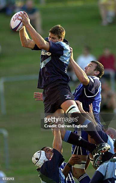 Jono West of the New South Wales Waratahs iin action in the line out against Glenn Taylor of the Auckland Blues during the Southern X Rugby Union...