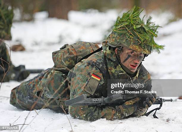 Bianca Schmidt attends a basic military service drill at the Clausewitz barrack on February 9, 2010 in Nienburg, Germany. German women's national...