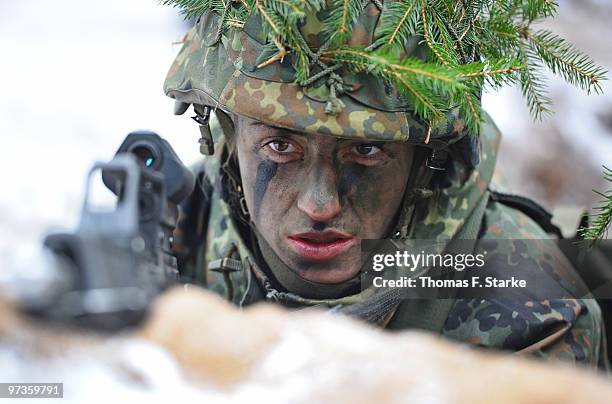 Bianca Schmidt attends a basic military service drill at the Clausewitz barrack on February 9, 2010 in Nienburg, Germany. German women's national...