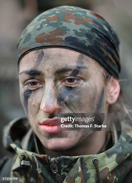 Bianca Schmidt attends a basic military service drill at the Clausewitz barrack on February 9, 2010 in Nienburg, Germany. German women's national...