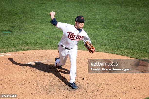 Tyler Duffey of the Minnesota Twins pitches against the Chicago White Sox on June 5, 2018 at Target Field in Minneapolis, Minnesota. All players wore...