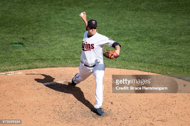 Tyler Duffey of the Minnesota Twins pitches against the Chicago White Sox on June 5, 2018 at Target Field in Minneapolis, Minnesota. All players wore...