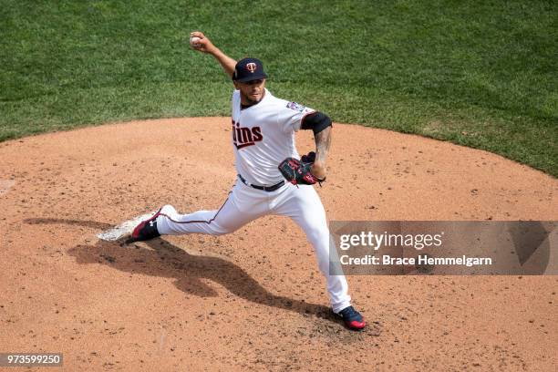 Fernando Romero of the Minnesota Twins pitches against the Chicago White Sox on June 5, 2018 at Target Field in Minneapolis, Minnesota. All players...