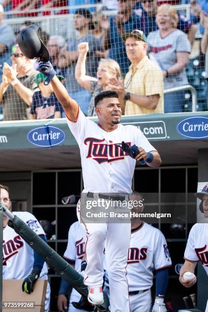Eduardo Escobar of the Minnesota Twins celebrates with a curtain call after hitting a home run against the Chicago White Sox on June 5, 2018 at...