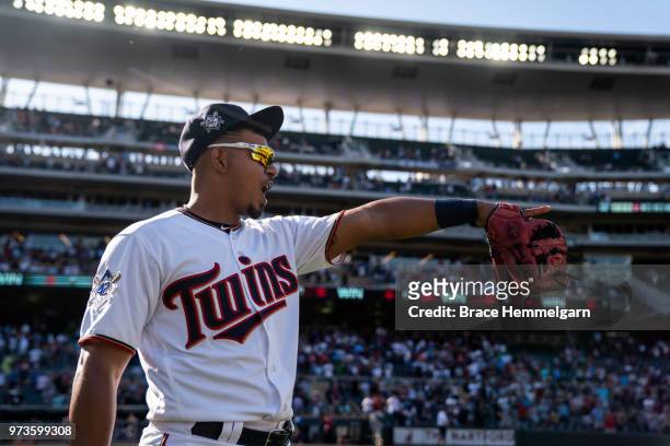 Eduardo Escobar of the Minnesota Twins looks on against the Chicago White Sox on June 5, 2018 at Target Field in Minneapolis, Minnesota. All players...