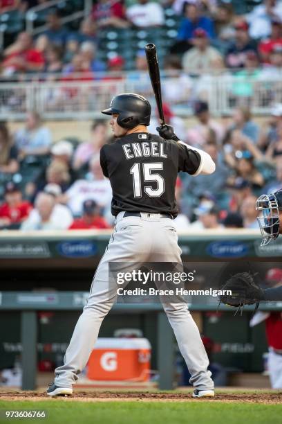 Adam Engel of the Chicago White Sox bats against the Minnesota Twins on June 5, 2018 at Target Field in Minneapolis, Minnesota. The White Sox...