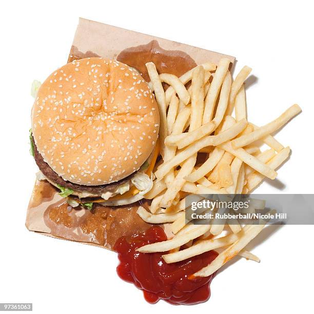 french fries and hamburger, studio shot - obesity epidemic stock pictures, royalty-free photos & images