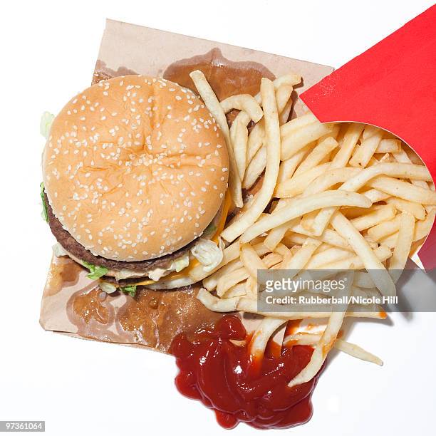 french fries and hamburger, studio shot - obesity epidemic stock pictures, royalty-free photos & images