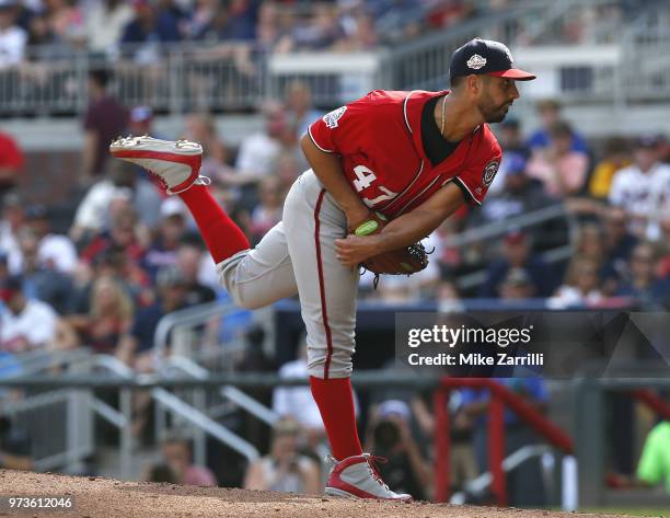 Pitcher Gio Gonzalez of the Washington Nationals throws a pitch during the game against the Atlanta Braves at SunTrust Park on June 2, 2018 in...