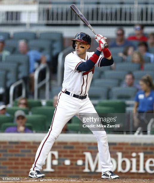 Third baseman Ryan Flaherty of the Atlanta Braves waits in the batter's box for a pitch during the game against the Washington Nationals at SunTrust...