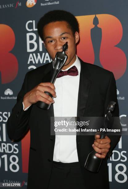 Sheku Kanneh-Mason with his second award of the night, the Critics' Choice in Association with Apple Music Award, at the Classic Brit Awards 2018,...