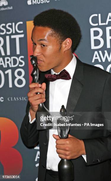 Sheku Kanneh-Mason with his second award of the night, the Critics' Choice in Association with Apple Music Award, at the Classic Brit Awards 2018,...