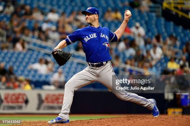 Happ of the Toronto Blue Jays throws a pitch in the fourth inning against the Tampa Bay Rays on June 13, 2018 at Tropicana Field in St Petersburg,...