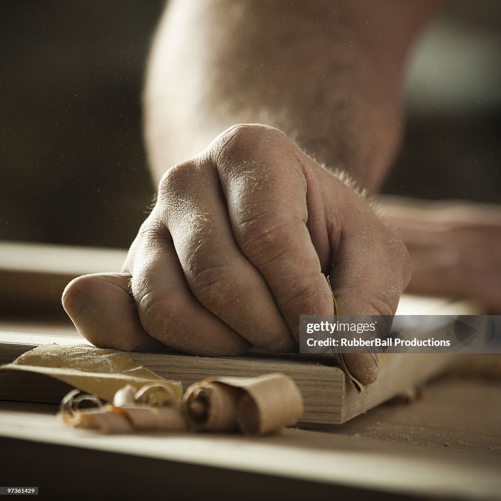 USA, Utah, Orem, close-up of carpenter at work