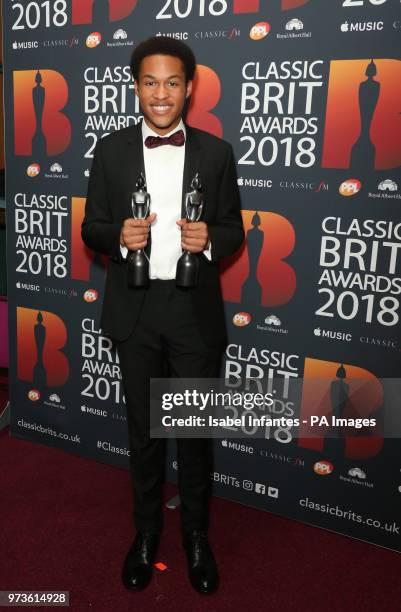 Sheku Kanneh-Mason with his second award of the night, the Critics' Choice in Association with Apple Music Award, at the Classic Brit Awards 2018,...