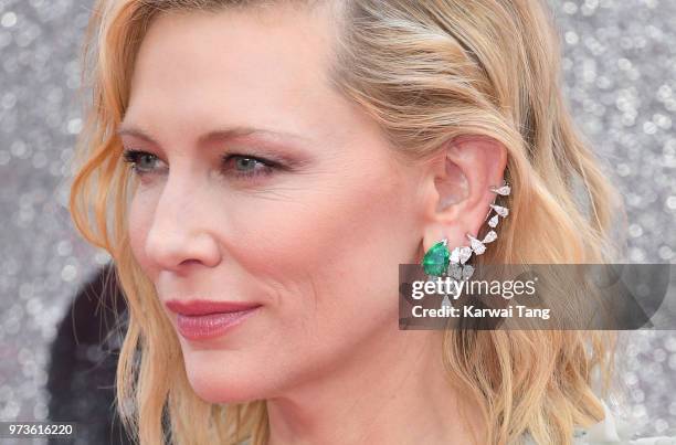 Cate Blanchett, earring detail, attends the European Premiere of 'Ocean's 8' at Cineworld Leicester Square on June 13, 2018 in London, England.