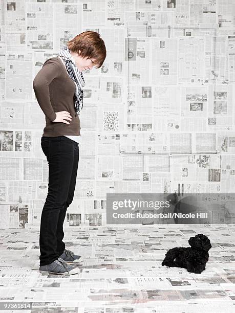 studio shot of young woman scolding dog - portuguese water dog stock pictures, royalty-free photos & images