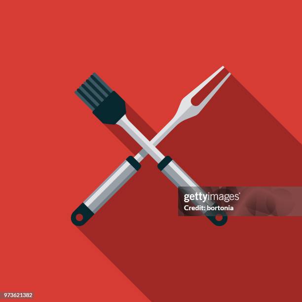 fork and basting brush flat design kitchen utensil icon - marinade stock illustrations