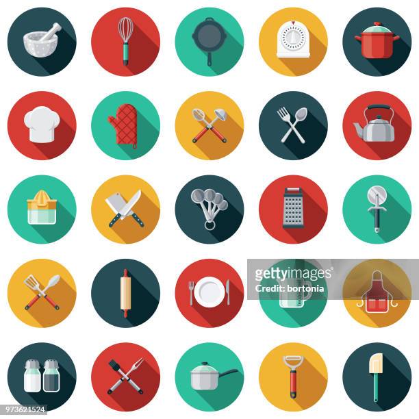 küche-tools flaches design icon-set mit seite schatten - garkochen stock-grafiken, -clipart, -cartoons und -symbole