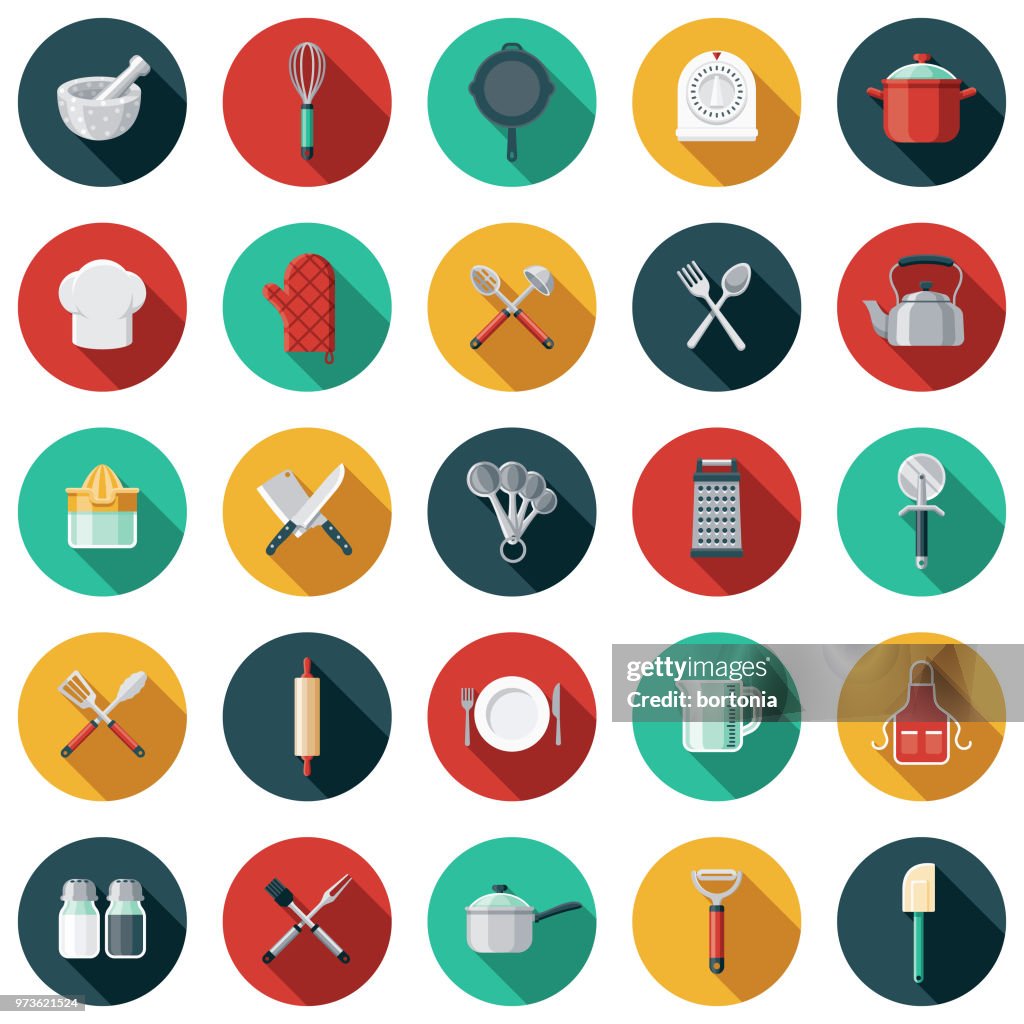Kitchen Tools Flat Design Icon Set with Side Shadow
