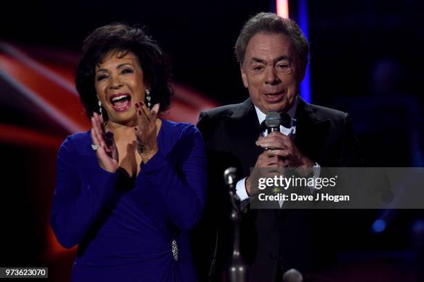 Dame Shirley Bassey and winner of the Special Recognition Award, Sir Andrew Lloyd Webber on stage during the 2018 Classic BRIT Awards held at Royal...