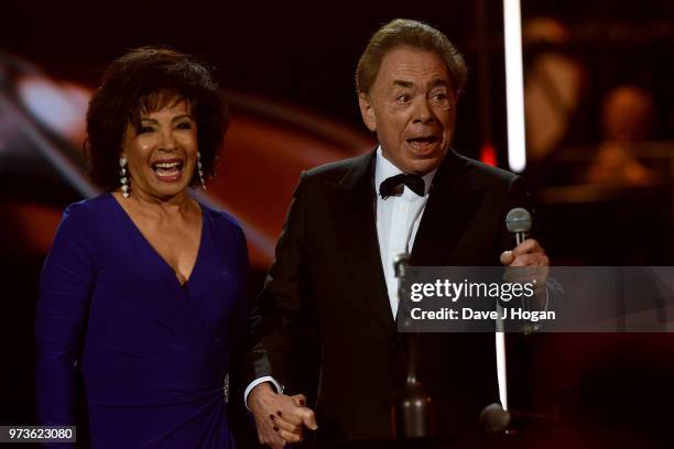 Dame Shirley Bassey and winner of the Special Recognition Award, Sir Andrew Lloyd Webber on stage during the 2018 Classic BRIT Awards held at Royal...