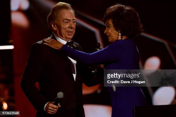 Winner of the Special Recognition Award, Sir Andrew Lloyd Webber and Dame Shirley Bassey on stage during the 2018 Classic BRIT Awards held at Royal...