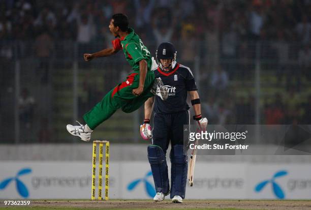 Bangladesh bowler Shafiul Islam celebrates after dismissing England batsman Craig Kieswetter during the 2nd ODI between Bangladesh and England at...
