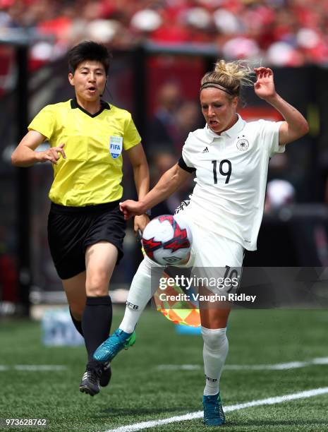 Svenja Huth of Germany juggles the ball during the first half of an International Friendly match against Canada at Tim Hortons Field on June 10, 2018...