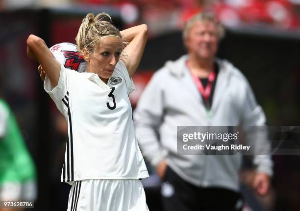 Kathrin Hendrich of Germany throws the ball during the first half of an International Friendly match against Canada at Tim Hortons Field on June 10,...