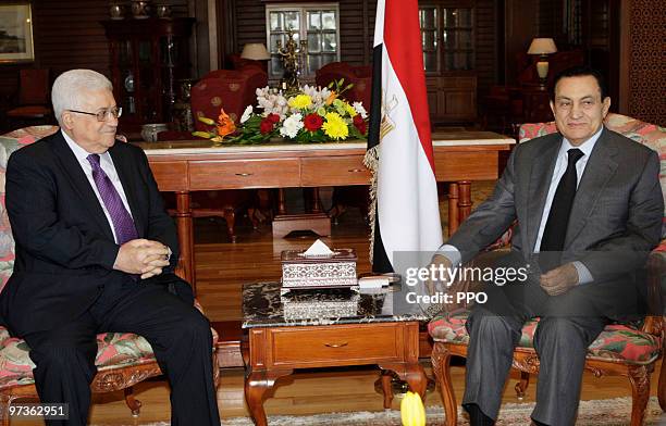 In this handout image supplied by the Palestinian Press Office , Palestinian President Mahmoud Abbas meets Egyptian President Hosni Mubarak at the...