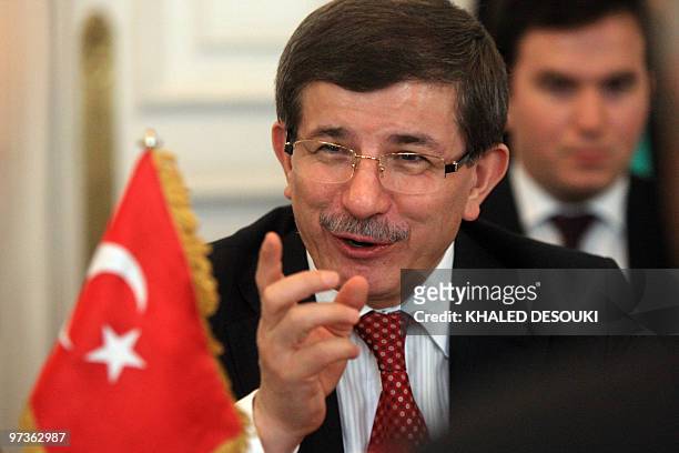 Turkish Foreign Minister Ahmet Davutoglu speaks during a meeting with his Egyptian counterpart Ahmed Abul Gheit in Cairo on March 2, 2010. The...