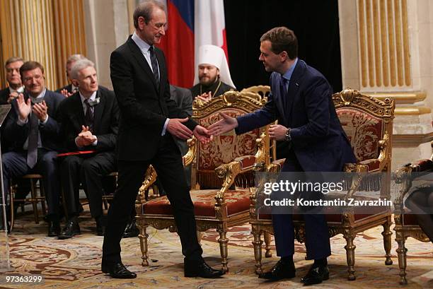 Paris Mayor Bertrand Delanoe receives Russian President Dmitry Medvedev in the Hotel de la Villeon March 2, 2010 in Paris, France. President Medvedev...