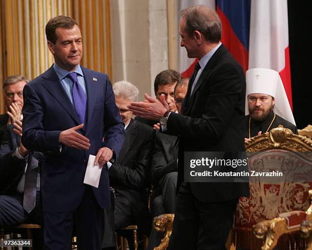 Paris Mayor Bertrand Delanoe receives Russian President Dmitry Medvedev in the Hotel de la Villeon March 2, 2010 in Paris, France. President Medvedev...