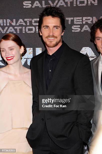 Actors Bryce Dallas Howards, Christian Bale, Anton Yelchin attend the " Terminator The Salvation " Paris Premiere at the Grand Rex on May 28, 2009 in...