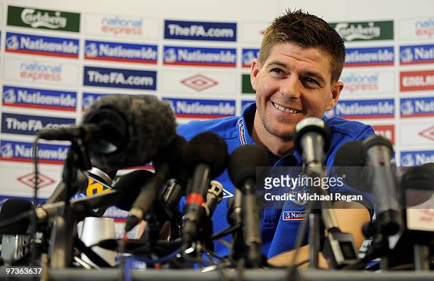Steven Gerrard speaks to the media during a press conference at London Colney on March 2, 2010 in St Albans, England.