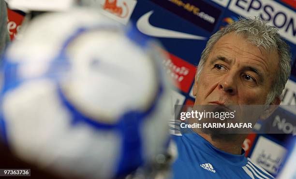 Saudi Al-Hilal football club Belgian coach, Eric Gerets, attends a press conference in Doha in preparation for his team's AFC Champions League match...